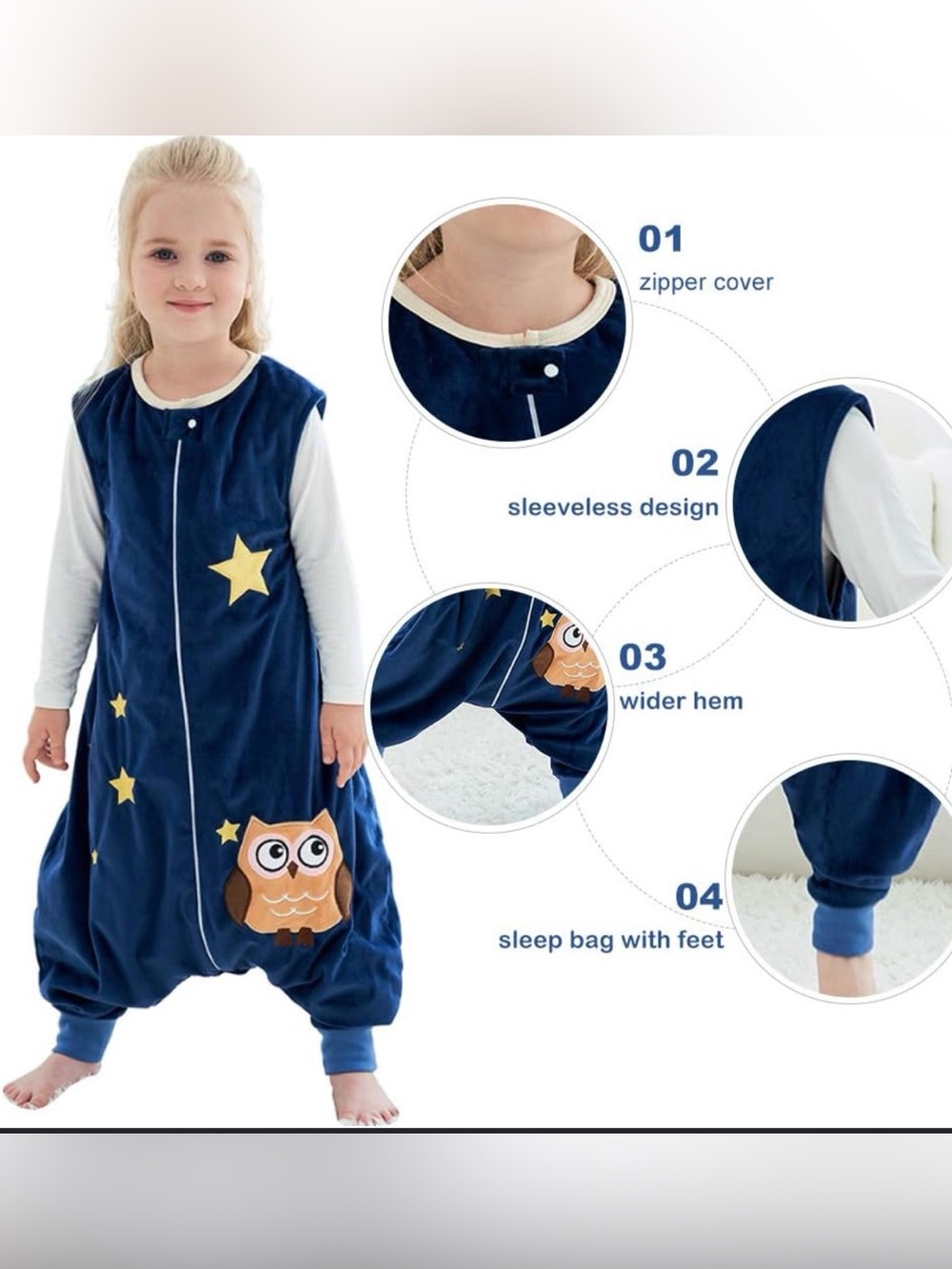 Children's Unisex Navy Owl & Star Sleep Sack - Sleeveless Zippered Pajama Medium